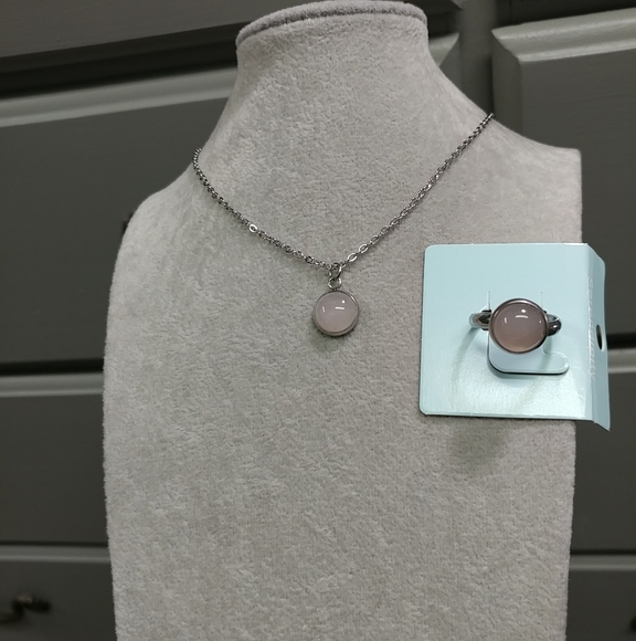 Rose Quartz Necklace Ring Set Natural Gemstone Adjustable Stainless-Steel 2pc - Picture 10 of 11